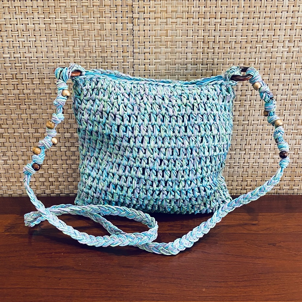 🌟2xHP🌟NWOT Boho Aqua & Wood Bead Toyo Straw Crossbody Bag by Cappelli Straworld